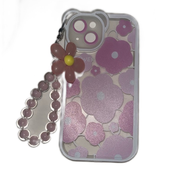iPhone 13 transparent pink flower prints w/ cute wristlet charm phone case - Picture 2 of 4